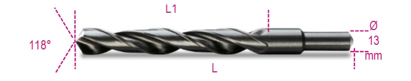 BETA - Punte elicoidali cilindriche serie corta in acciaio HSS rullate brunite con codolo ridotto 13mm a15,00.