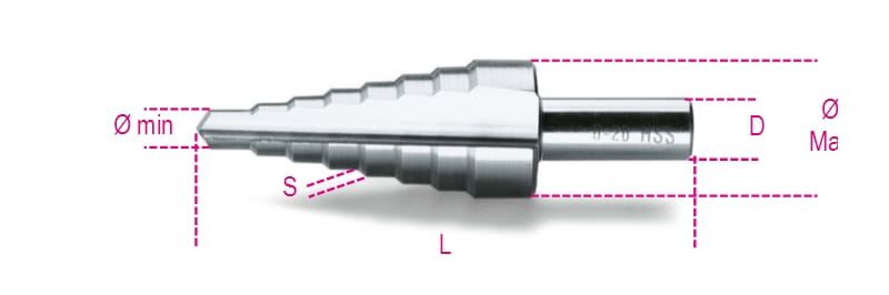 BETA - Frese coniche a gradino in acciaio HSS, frese coniche a gradino /7, ideali per lavorazioni precise e durature.