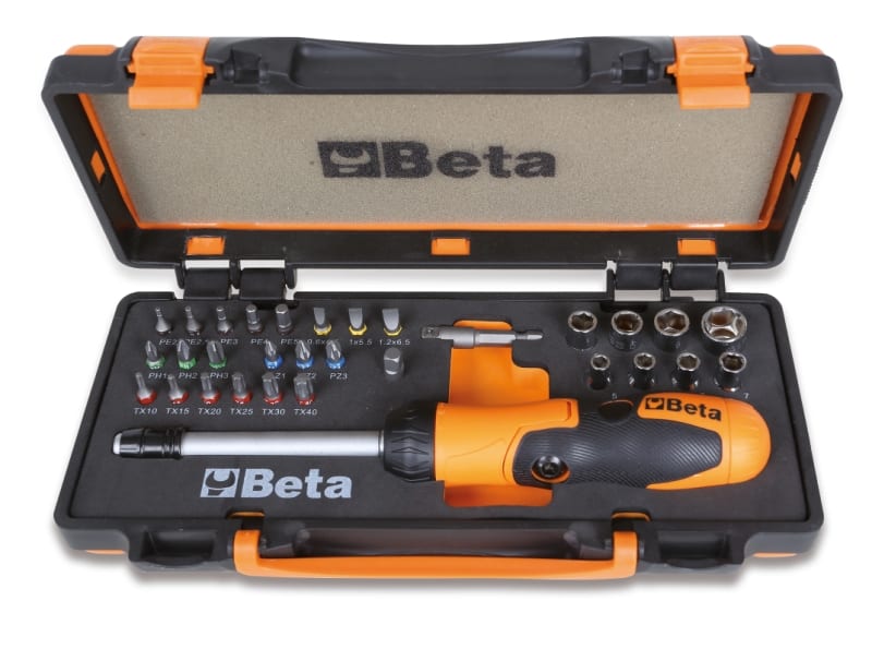 BETA - Cassetta 37pz Bussole + Inserti 1/4 /C38 Portainserti con impugnatura a criccheto reversibile, 27 inserti per avvitatori, 8 bussole esagonali e 2 accessori in cassetta di lamiera con termof