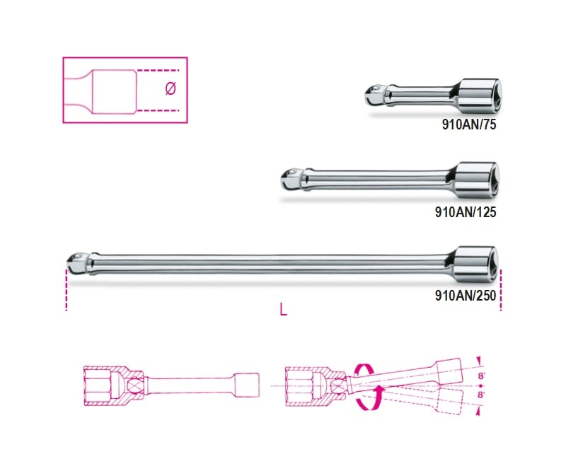 BETA - Prolunghe con attacchi quadri maschio e femmina 3/8" angolari cromate 125mm 3/8 an/125.