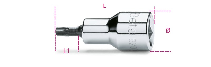 BETA - Chiavi a bussola maschio per viti con impronta tamper resistant torx, attacco quadro femmina 1/2 cromate - inserti bruniti. Bussole a giravite maschio 1/2 rtx 25.