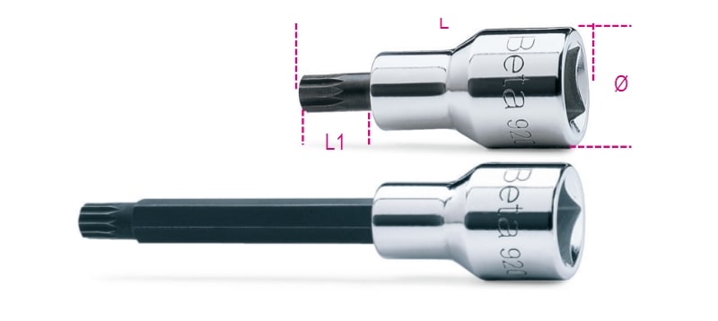 BETA - Chiavi a bussola maschio per viti con impronta xzn, con attacco quadro femmina 1/2 cromate inserti bruniti bussole 1/2 xzn 16.