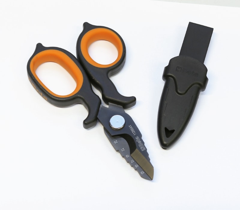 BETA - Forbici per elettricisti a doppio effetto con profili a fresa in acciaio inossidabile rivestito in DLC, forbici asimmetriche inox BAX.