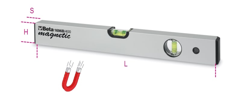 BETA - Livelle con base magnetica in alluminio profilato anodizzato con due fiale infrangibili B/600.