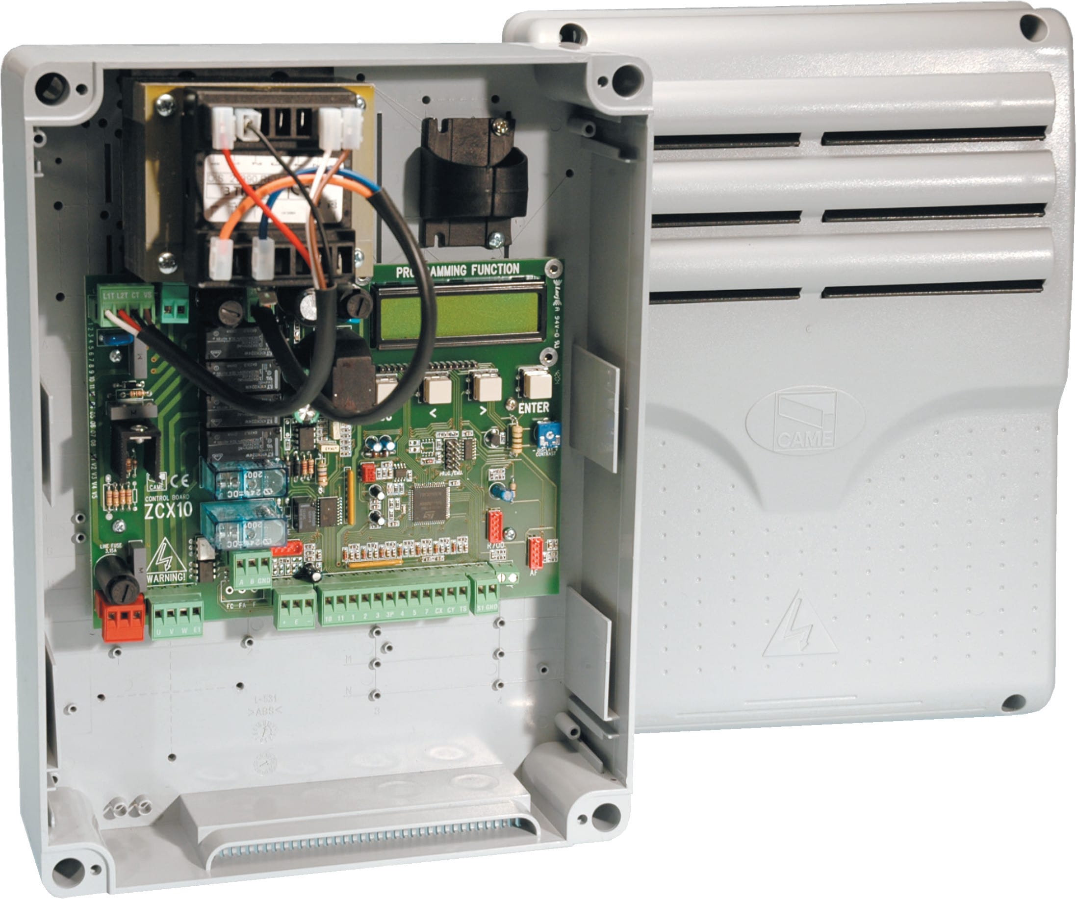 CAME - Quadro comando per cancelli a due ante battenti con display funzioni, autodiagnosi dei dispositivi di sicurezza e decodifica radio incorporata.