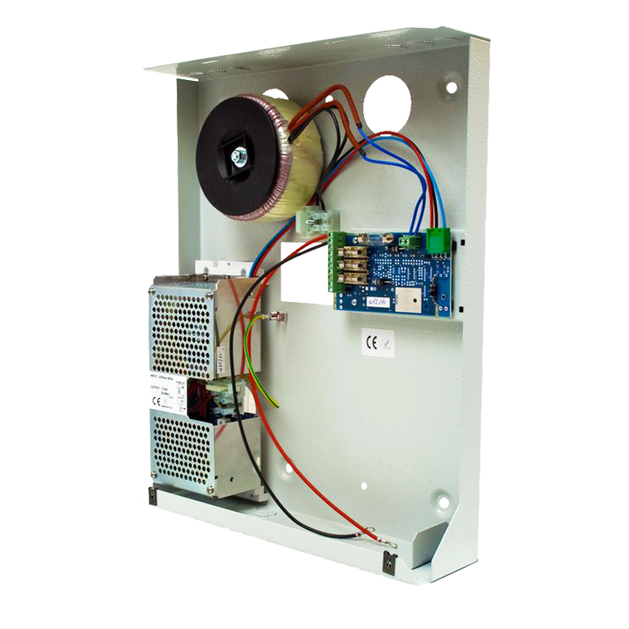 COMELIT - Alimentatore per barriere in cassetta metallica, 220VAC/13.8VDC 2.5A + 24VAC 300VA, batteria 18Ah max