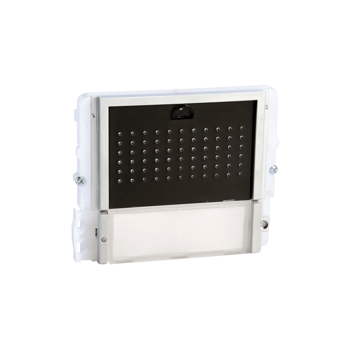 COMELIT - Serie Ikall - Modulo 1 pulsante predisposto per unità audio, mascherina nera, cartellini portanome, illuminazione LED blu/bianco/spento