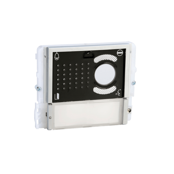 COMELIT - Serie Ikall - Modulo 1 pulsante predisposto per unità audio/video, mascherina nera, cartellini portanome, illuminazione LED blu/bianco/spento