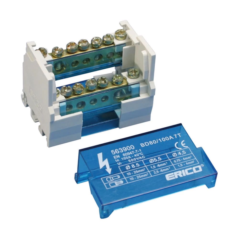 NVENT ERIFLEX - Distributore di potenza bipolare 80/100 A con 1 cavo lato linea e 6 connessioni lato carico, 6 uscite.