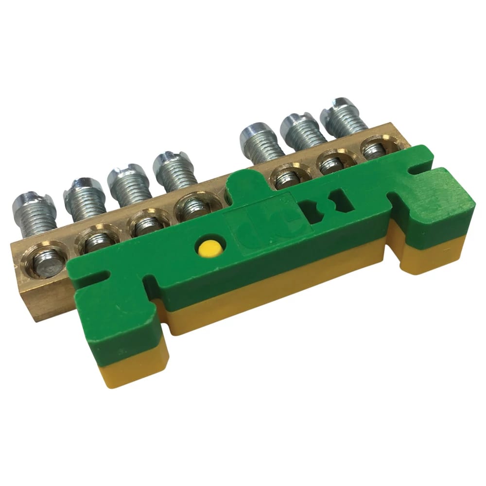 NVENT ERIFLEX - Barra messa a terra e neutro, ottone, clip guida DIN gialla/verde, 7 conness. MORS TERRA NEUTRO 7 USC SUPPORTO G/Y.