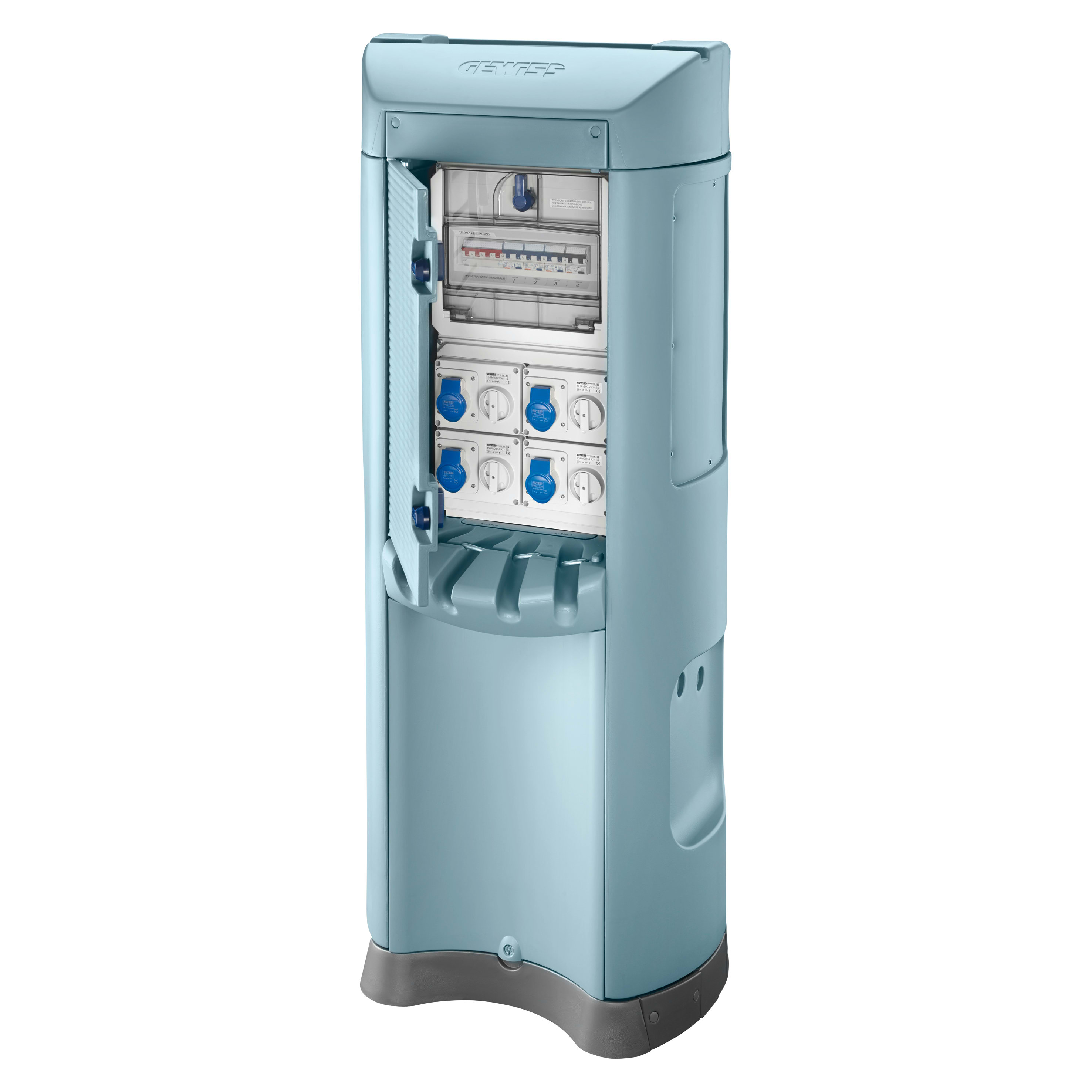 GEWISS - QMC200B - CABLATO - BIFACCIALE - 4 PRESE 2P+T 16A - SEZIONATORE 4P 32A - 4 MCD 2P 10A 0,03A - IP44 - AZZURRO