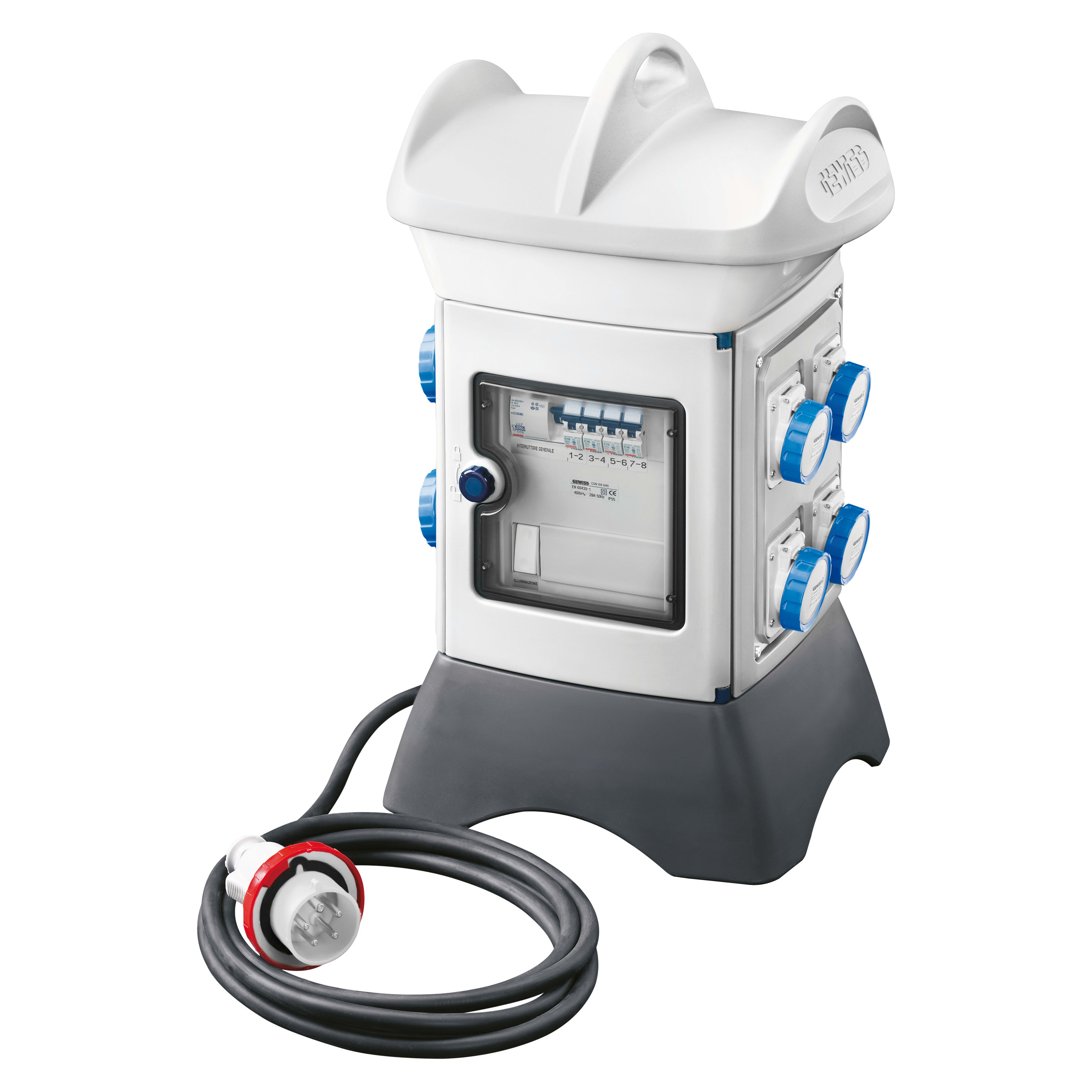 GEWISS - QMC16T - CABLATO - TRASPORTABILE - BIFACCIALE - 6 PRESE 2P+T 16A 2 PRESE CIVILI 10/16A - IP55 - BIANCO