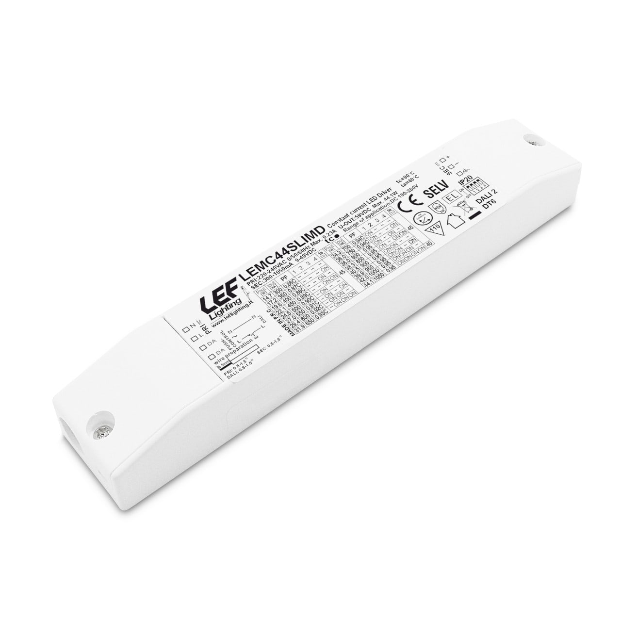 LEF LIGHTING - ALIMENTATORE LED MULTICORRENTE COSTANTE 300÷1050mA 14,7÷44W IP20 DIMMERABILE