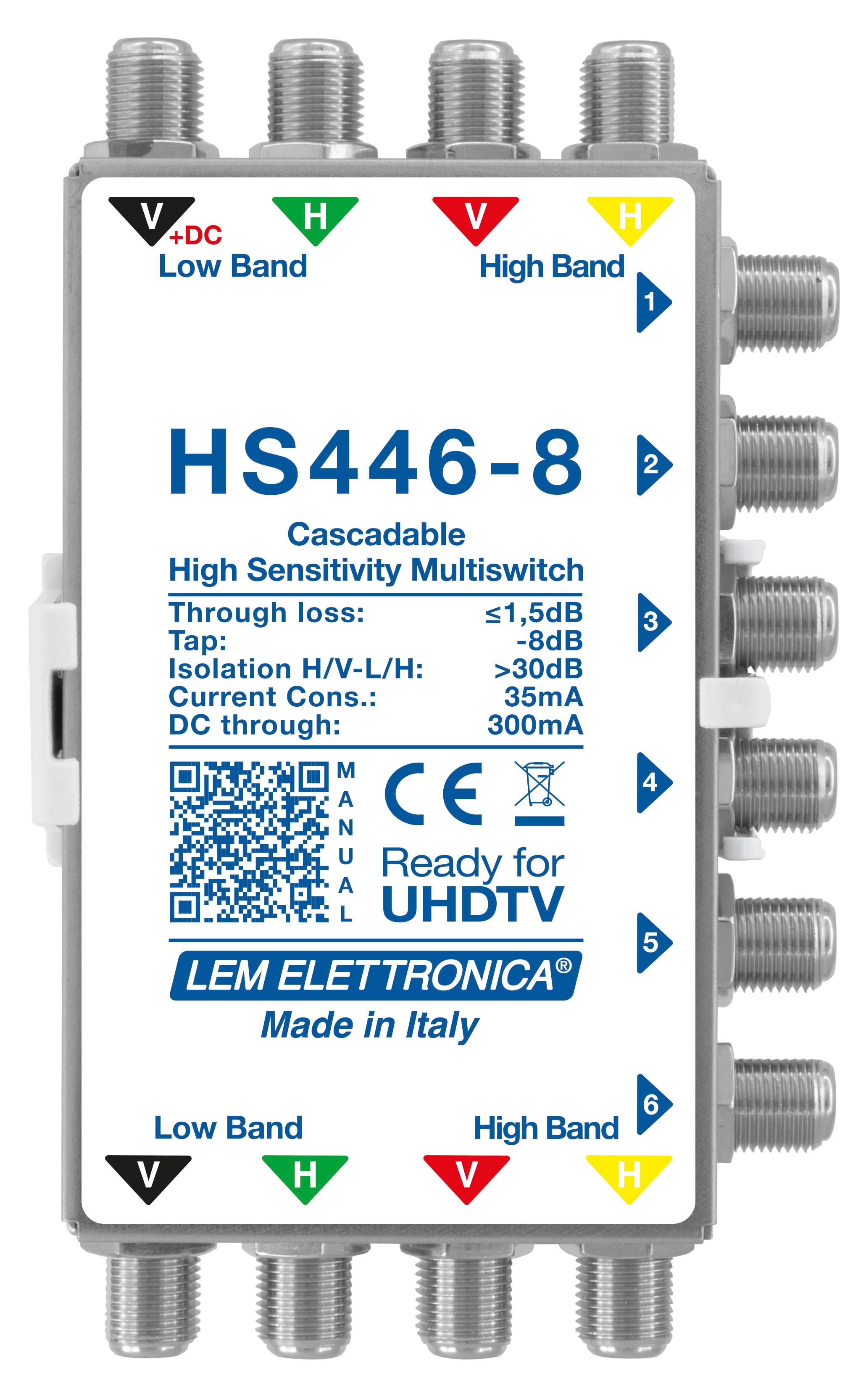 LEM ELETTRONICA - Multiswitch Legacy attenuato HS446-8 con 4 ingressi passanti e 6 uscite derivate, per applicazioni SKY, SAT.