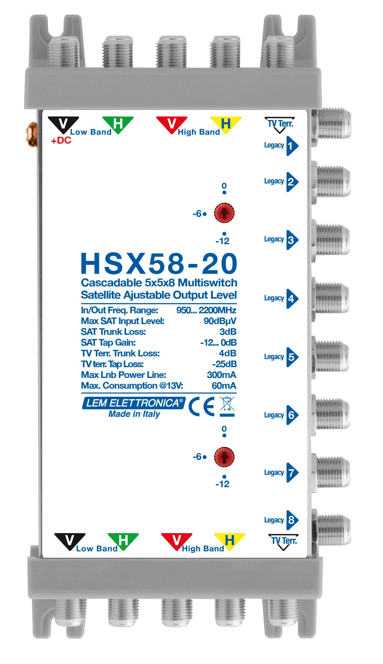 LEM ELETTRONICA - Multiswitch Legacy HSX58-20 con 5 ingressi passanti e 4 uscite derivate, Satellite amplificato regolabile, Terrestre attenuato, per applicazioni SKY, FM, DAB, UHF, SAT.