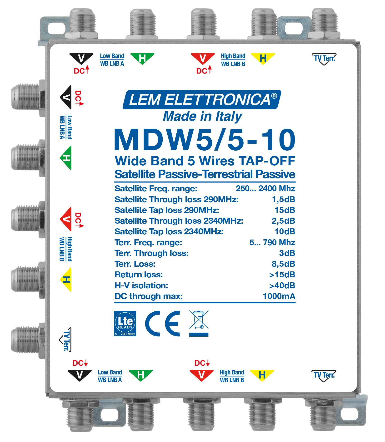 LEM ELETTRONICA - Derivatore passivo MDW5/5-10, 4 montanti Satellite Wide Band (250… 2400MHz) e 1 montante Terrestre (5… 790MHz), perdita di derivazione -10dB.