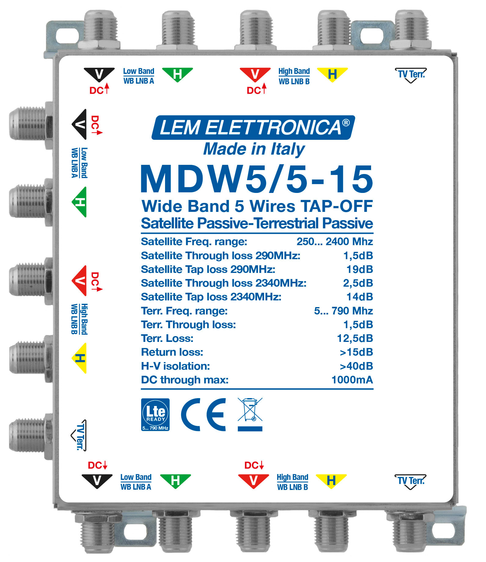 LEM ELETTRONICA - Derivatore passivo MDW5/5-15, 4 montanti Satellite Wide Band (250… 2400MHz) e 1 montante Terrestre (5… 790MHz), perdita di derivazione -15dB.