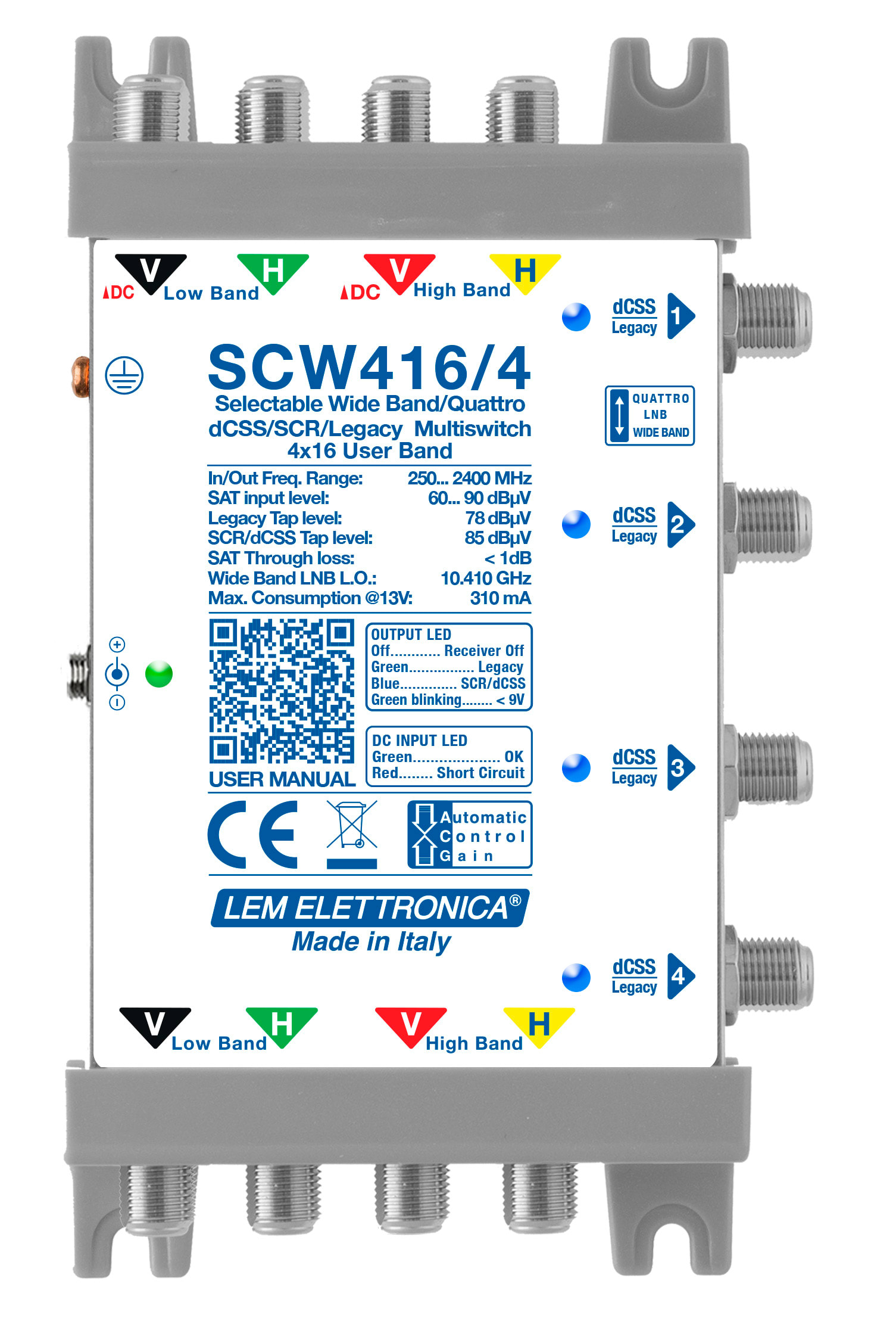 LEM ELETTRONICA - Multiswitch dCSS/Legacy SCW416/4 con 4 ingressi passanti e 4 uscite derivate, per applicazioni SKY, SAT.