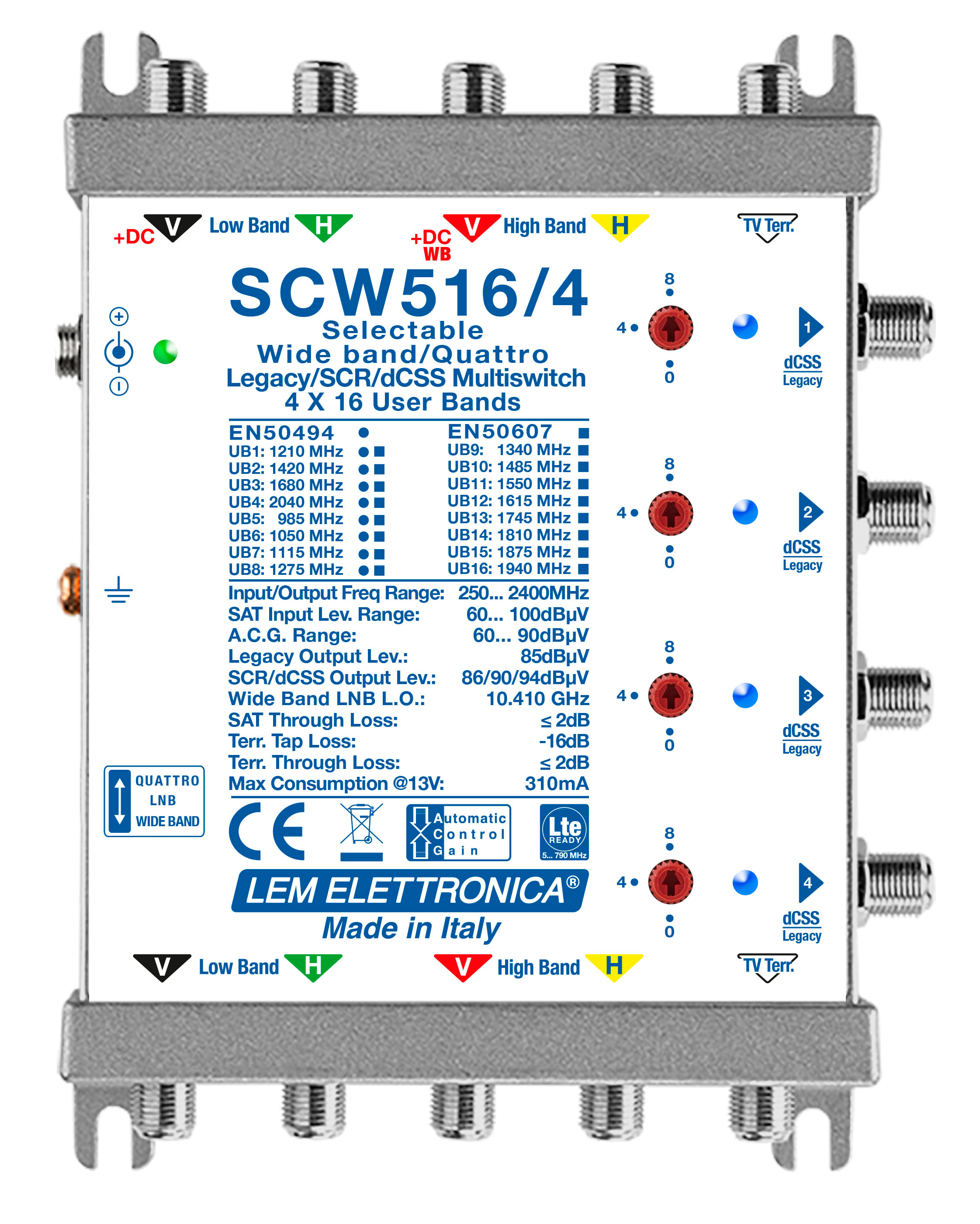 LEM ELETTRONICA - Multiswitch dCSS/Legacy SCW516/4 con 5 ingressi passanti e 4 uscite derivate, Satellite amplificato regolabile, per applicazioni SKY, FM, DAB, UHF, SAT.