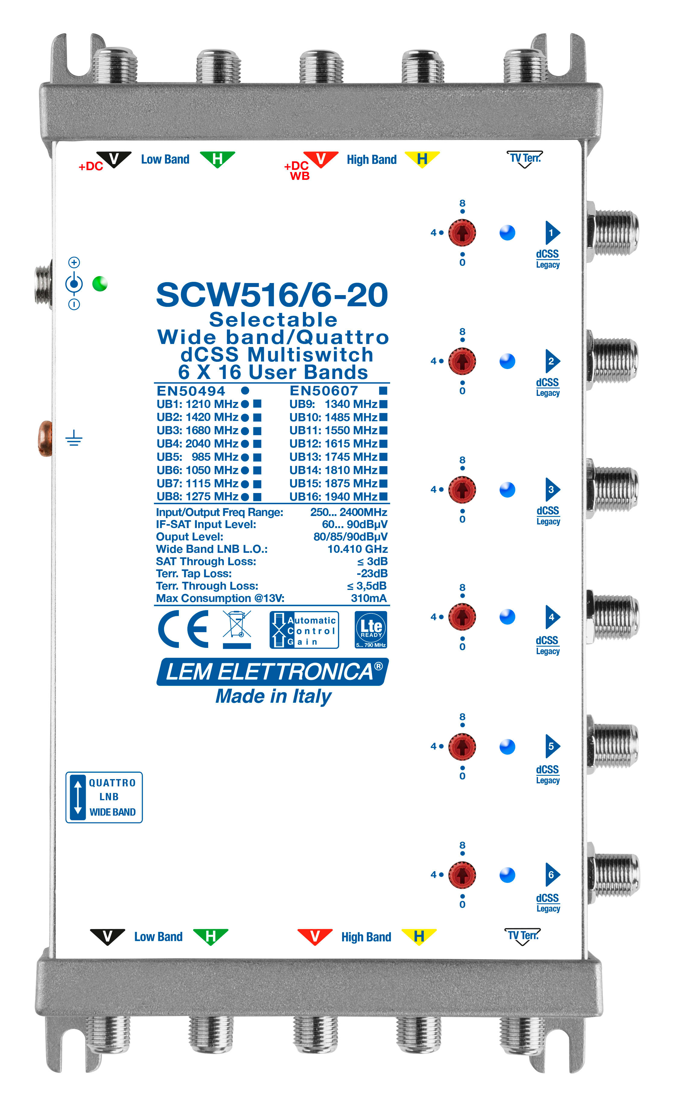 LEM ELETTRONICA - Multiswitch dCSS/Legacy SCW516/6-20 con 5 ingressi passanti e 6 uscite derivate, Satellite amplificato regolabile, attenuazione di -20dB sul Terrestre, per applicazioni SKY, FM, DAB, UHF, SAT.