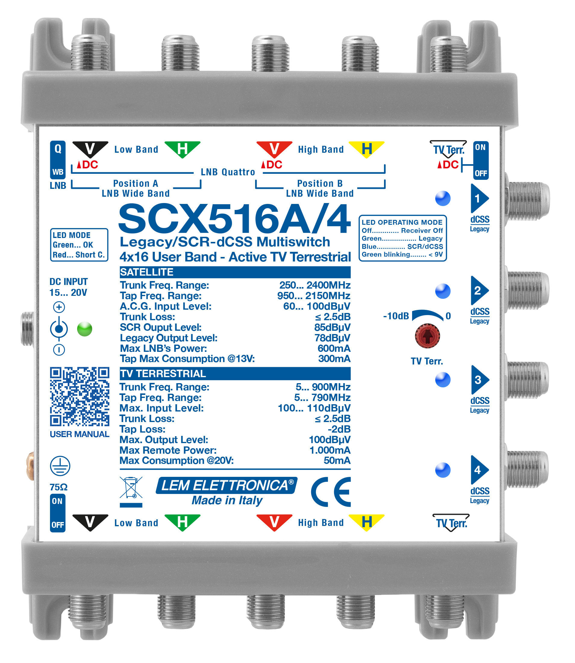 LEM ELETTRONICA - Multiswitch dCSS/Legacy SCX516A/4 con 5 ingressi passanti e 4 uscite derivate, Terrestre amplificato regolabile, per applicazioni SKY, FM, DAB, UHF, SAT.