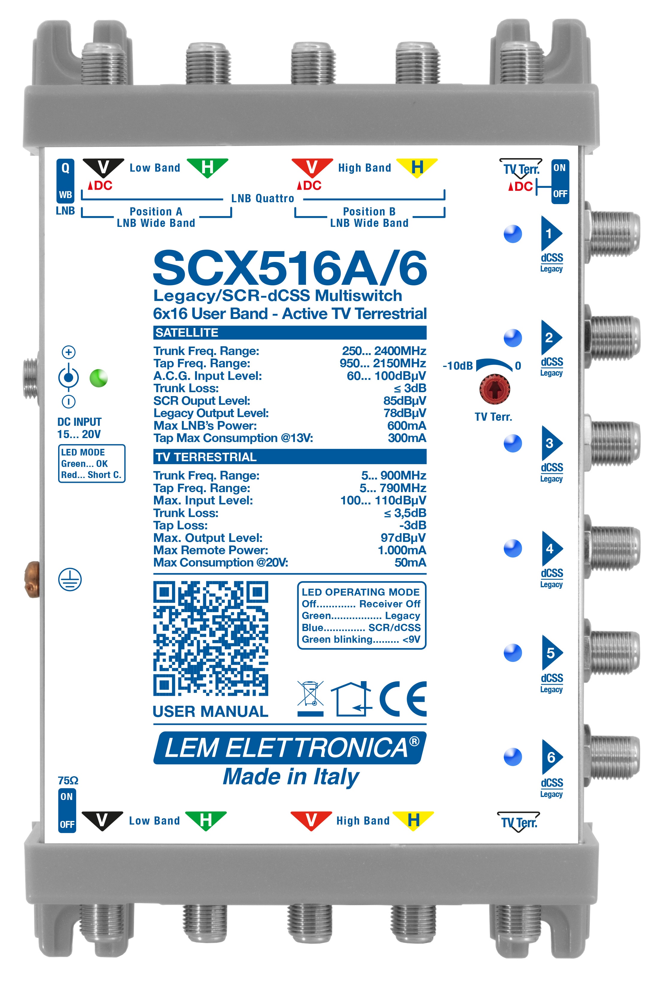 LEM ELETTRONICA - Multiswitch dCSS/Legacy SCX516A/6 con 5 ingressi passanti e 6 uscite derivate, Terrestre amplificato regolabile, per applicazioni SKY, FM, DAB, UHF, SAT.