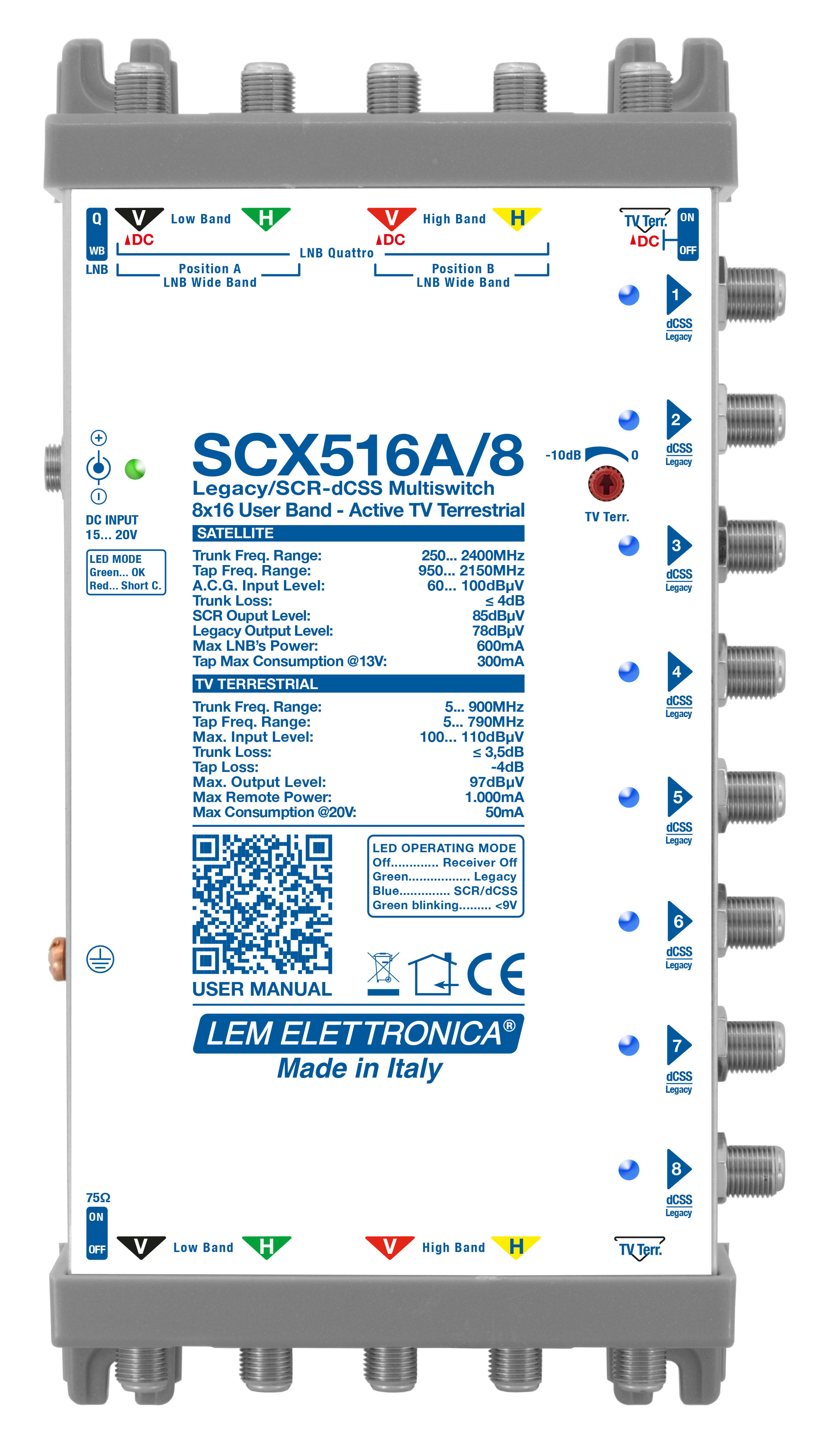 LEM ELETTRONICA - Multiswitch dCSS/Legacy SCX516A/8 con 5 ingressi passanti e 8 uscite derivate, Terrestre amplificato regolabile, per applicazioni SKY, FM, DAB, UHF, SAT.