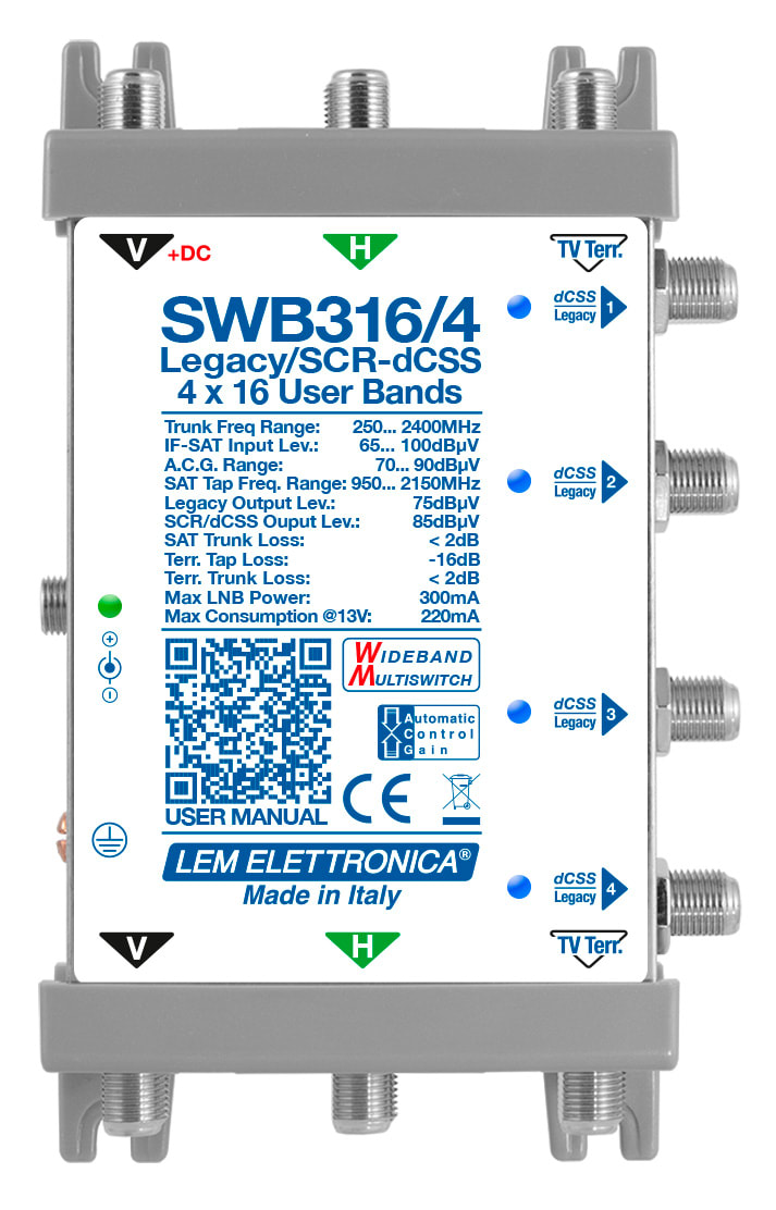 LEM ELETTRONICA - Multiswitch dCSS/Legacy SWB316/4 con 3 ingressi passanti e 4 uscite derivate, per applicazioni SKY, FM, DAB, UHF, SAT.