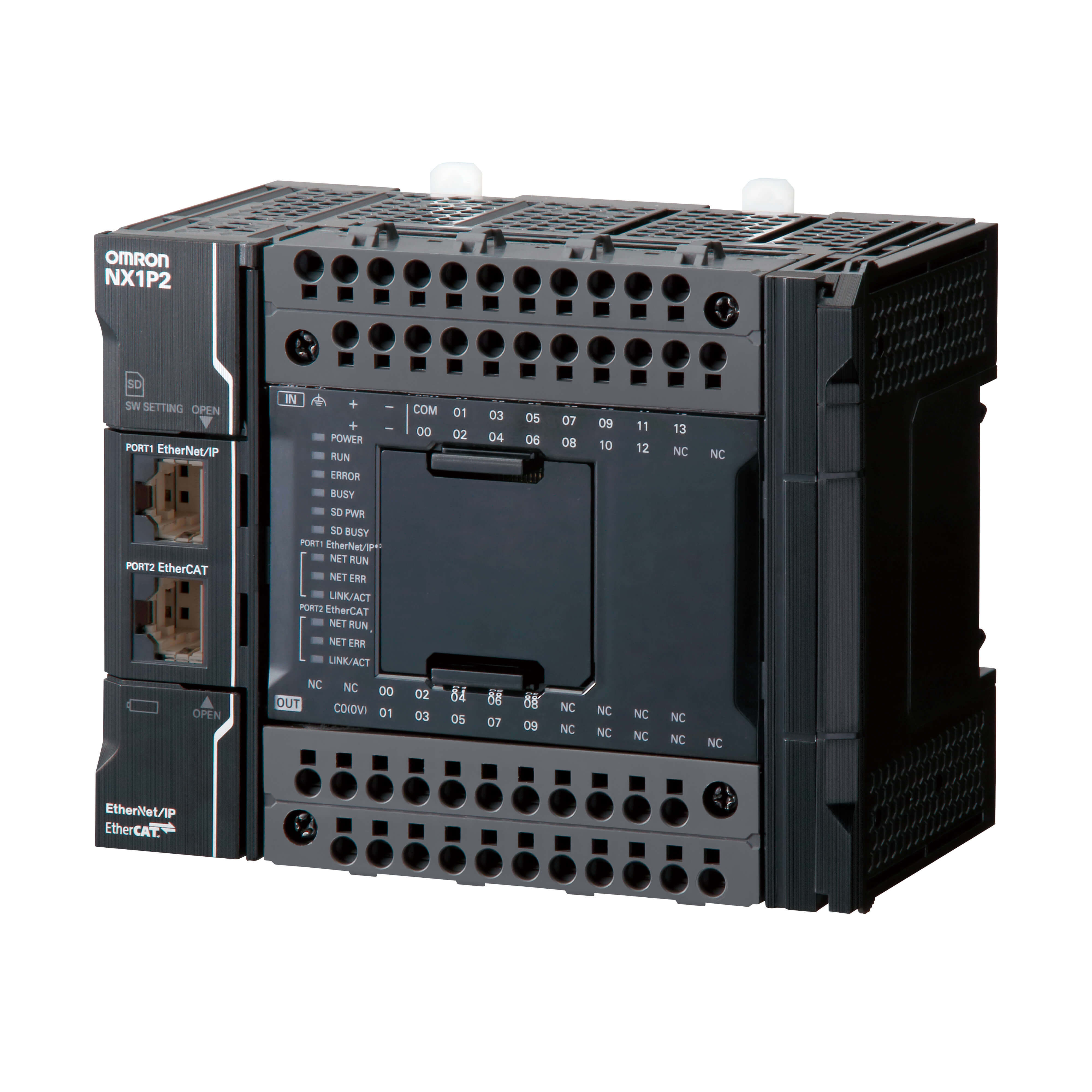 OMRON ELECTRONICS - Controllore Sysmac NX1P2, 0 assi reali, 4 assi PTP, 1x EtherCAT, 1x Ethernet/IP, 14 IN, 10 OUT PNP, Bus NX IO, 24Vdc.