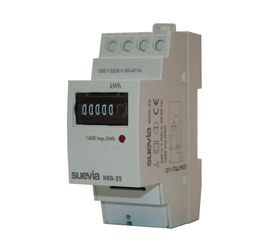 ORBIS - NRG-25 Contatore Monofase Di Energia Attiva, 2 Moduli , 25A, ins.diretta, display elettromeccanico,lampeggio LED 0,625 Wh/imp