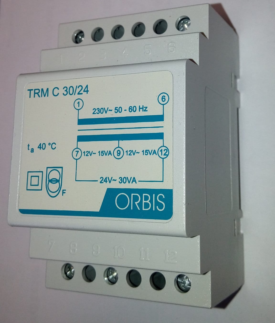 ORBIS - TRM C 30/24 Trasformatori modulari per campanelli, potenza 30 VA, 3 moduli DIN, tensione primario 230V, tensione secondario 12/24 VAC