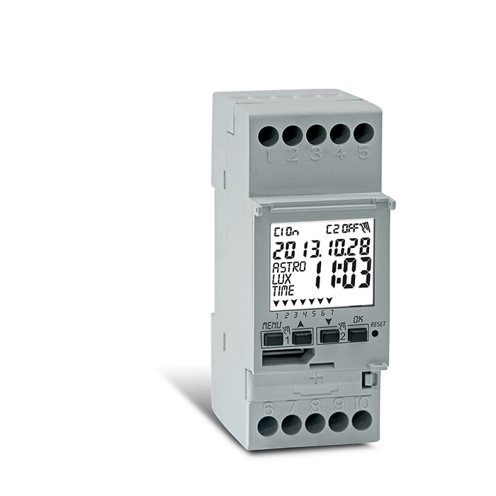 PERRY ELECTRIC - Interruttore orario astronomico crepuscolare "ASTRO-LUX-TIME" 2 canali - 2 DIN,&nbsp; Zero Crossing, vetrino incernierato e piombabile