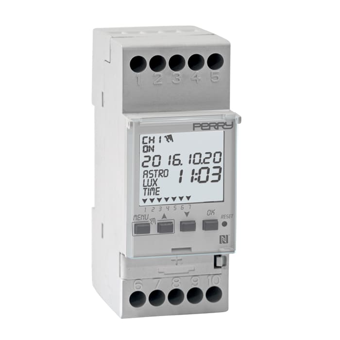 PERRY ELECTRIC - Interruttore orario astronomico NFC - 2 DIN, 2 Contatti.