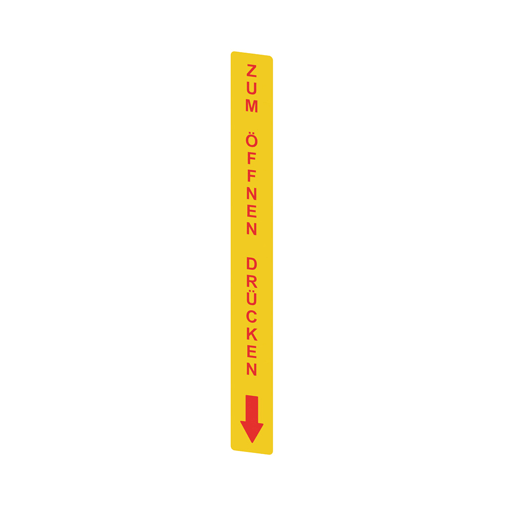 PIZZATO ELETTRICA - Adesivo giallo in PC, rettangolare 300x32 mm, scritta rossa "ZUM OFFNEN DRUCKEN"