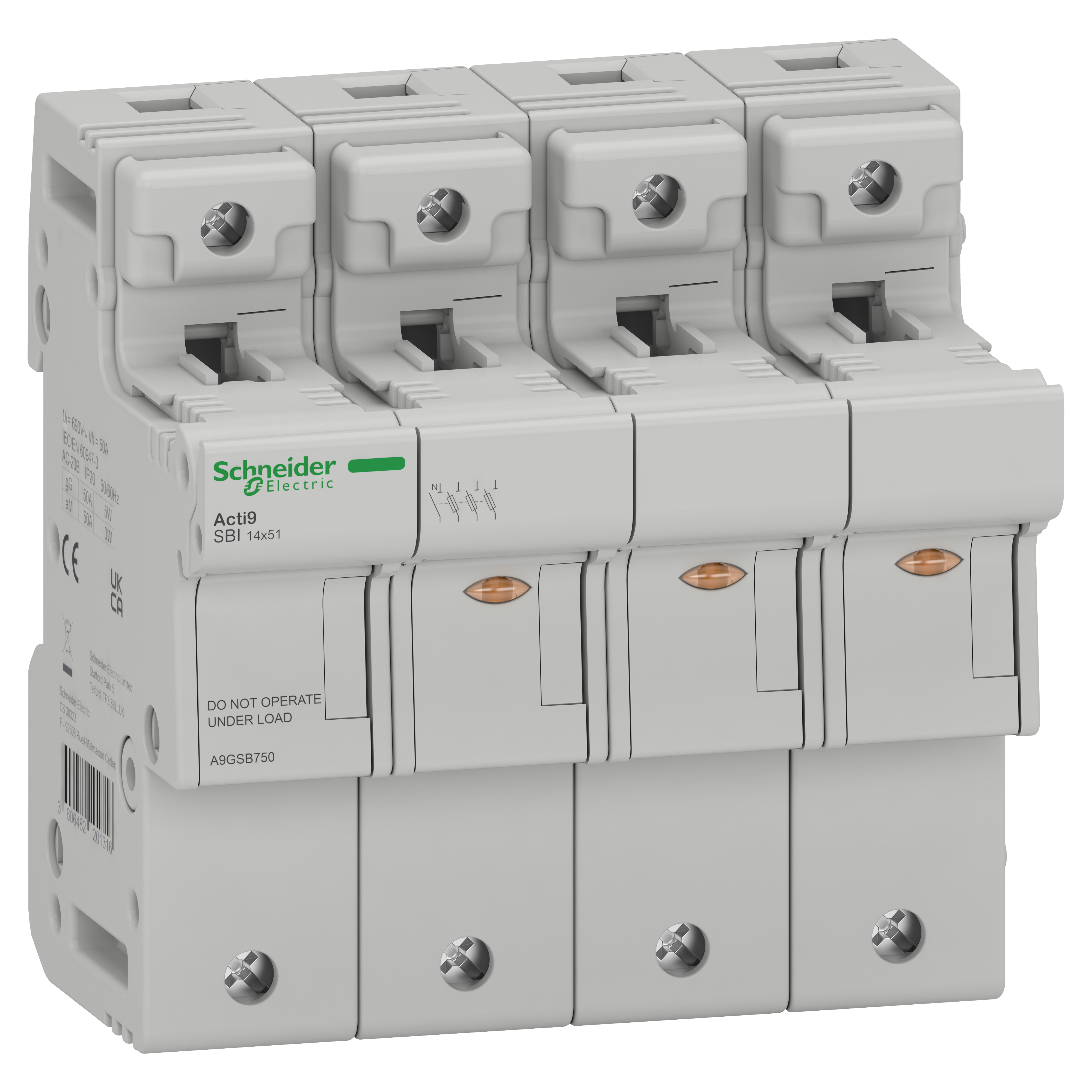 SCHNEIDER ELECTRIC - Sezionatore Acti9 SBI, 3P+N, 50 A, per fusibile 14 x 51 mm