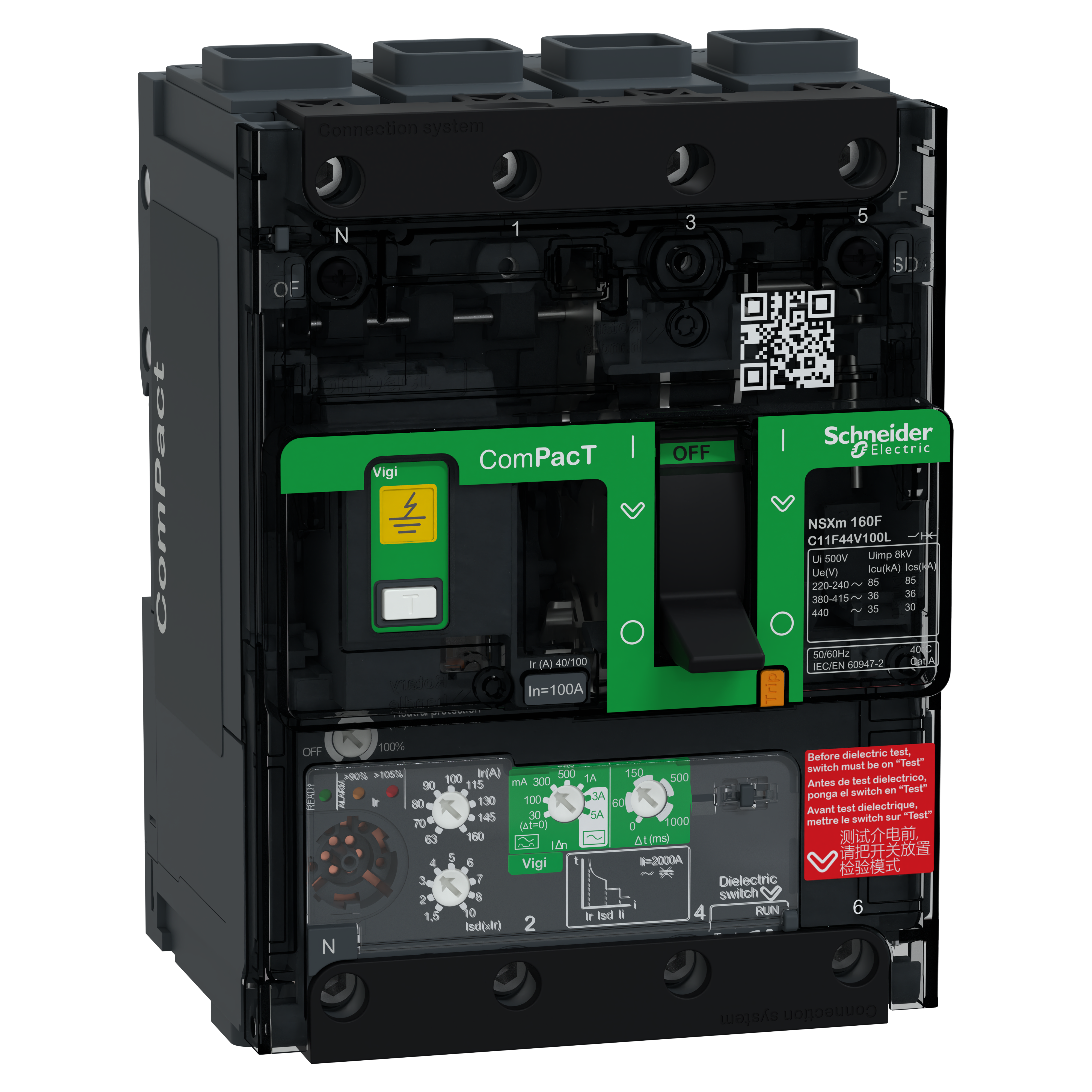 SCHNEIDER ELECTRIC - Interruttore, ComPacT NSXm 100F, 36kA/415VAC, 4 poli, Sganciatore MicroLogic 4.1 100A, connettori EverLink