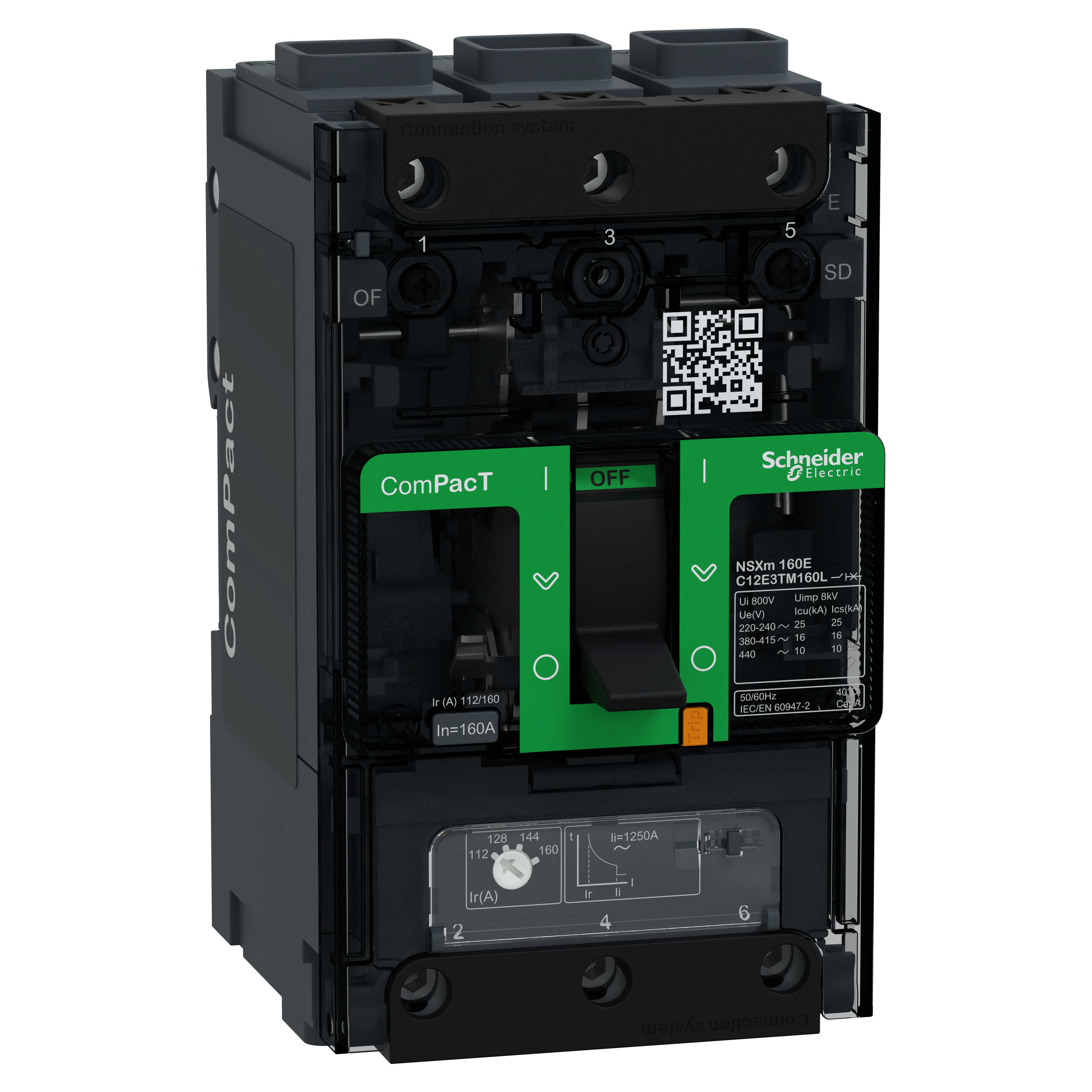 SCHNEIDER ELECTRIC - interruttore, ComPacT NSXm 160E, 16kA/415VAC, 3 poli, Sganciatore TMD 160A, connettori EverLink