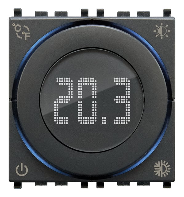 VIMAR - Termostato rotella 2 moduli 100-240V grigio, uscita relè 5A, retroilluminazione LED, compatibile con placche Eikon, Arké, Plana.