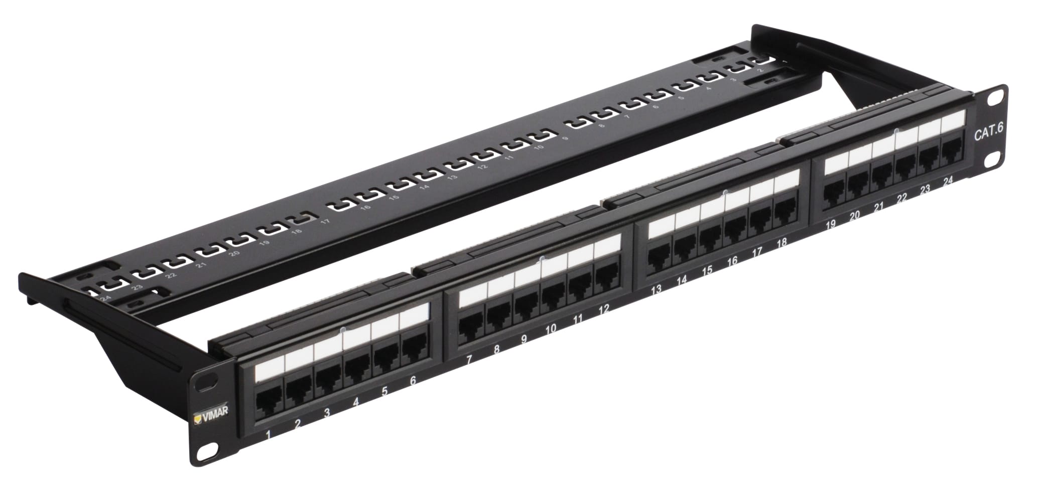 VIMAR - Pannello 24 RJ45 Cat6 UTP 1U - Permutazione 19 Completo Connettori RJ45 Cat. 6, T568A/B, 8 Contatti, Morsetti Isolante 110 - 1 Unità Rack