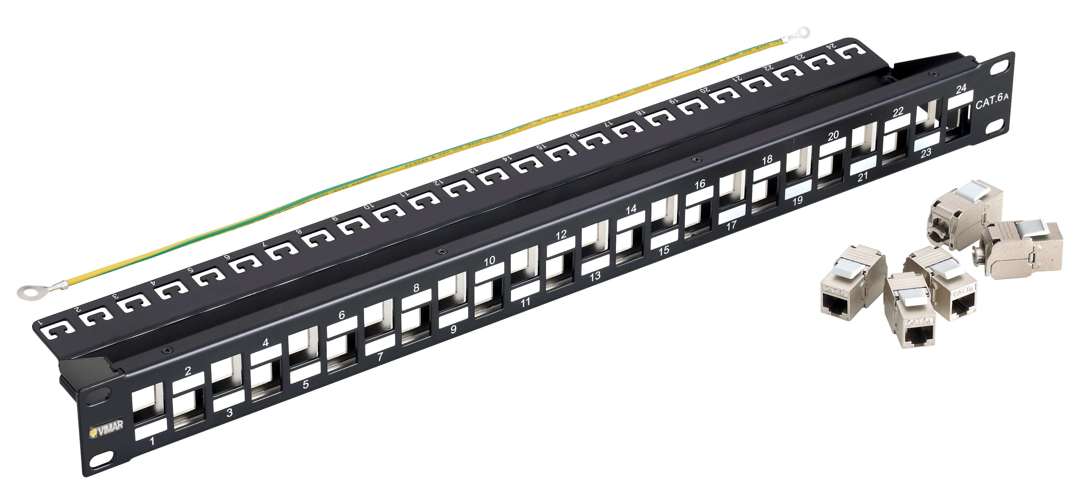 VIMAR - Pannello 24 RJ45 Cat6A FTP 1u, 19 pollici, 24 connettori RJ45 Cat. 6A schermati, cablaggio T568A/B, 8 contatti, morsetti senza utensile.