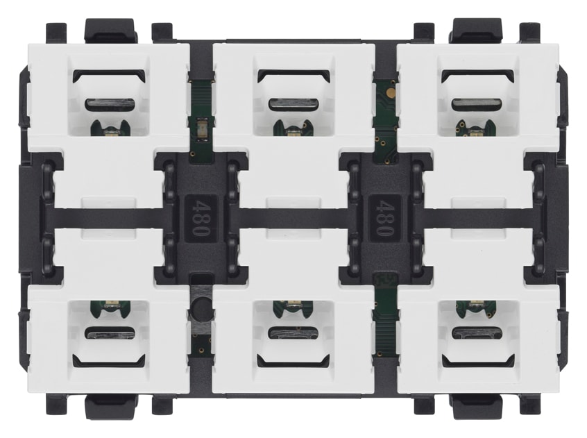 VIMAR - Comando domotico 6 pulsanti e attuatore per tapparella con orientamento lamelle, uscita a relè, LED RGB, 120-240 V, 50/60 Hz, 3 moduli.