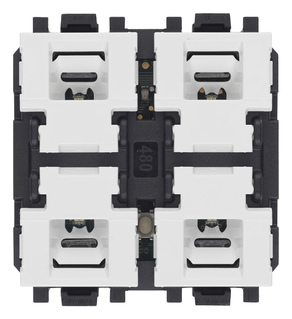 VIMAR - Comando KNX 4 pulsanti e attuatore 2M, uscita a relè NO 16A 120-240V 50/60Hz, LED RGB, 2 moduli, mezzi tasti intercambiabili.